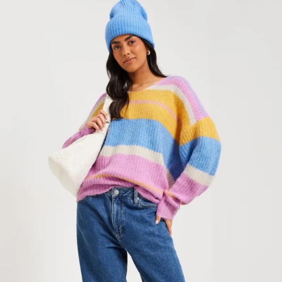 Vero Moda Julie Striped slouchy V-Neck Sweater Size L - Picture 1 of 9
